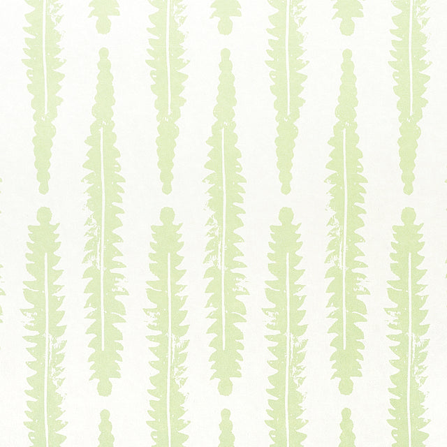 Fern Sage by Molly Mahon for Schumacher – graphic botanical wallpaper in a hand block print style, shown in light green on white.