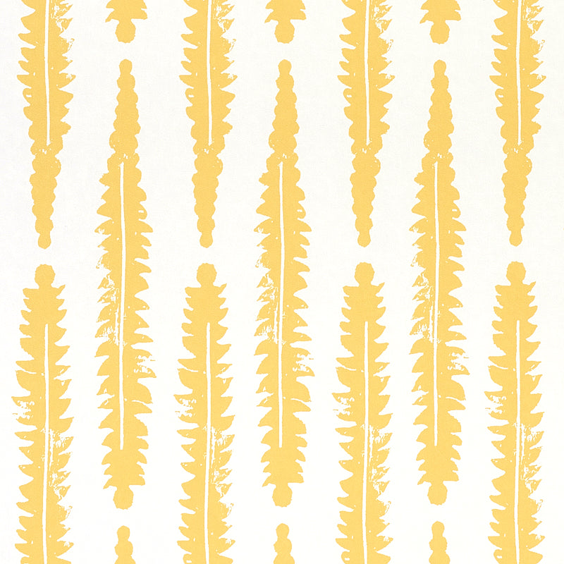 FERN wallpaper in Mustard by Molly Mahon for Schumacher, featuring a hand block print-inspired yellow fern pattern on white background.