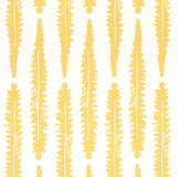 FERN wallpaper in Mustard by Molly Mahon for Schumacher, featuring a hand block print-inspired yellow fern pattern on white background.