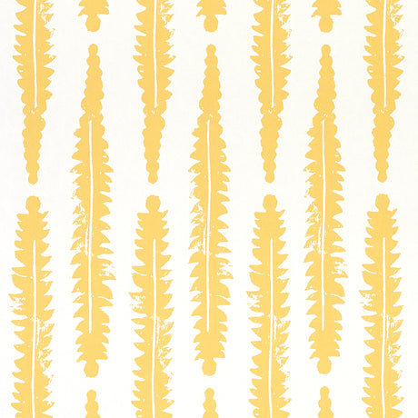 FERN wallpaper in Mustard by Molly Mahon for Schumacher, featuring a hand block print-inspired yellow fern pattern on white background.