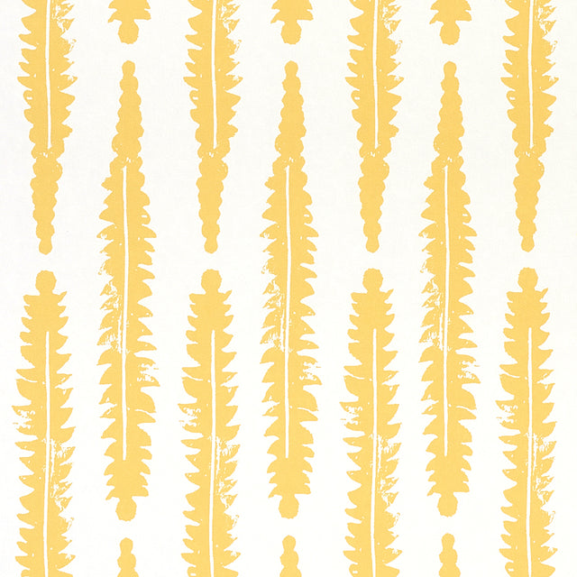 FERN wallpaper in Mustard by Molly Mahon for Schumacher, featuring a hand block print-inspired yellow fern pattern on white background.