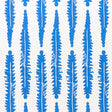 Blue fern leaf pattern wallpaper by Molly Mahon for Schumacher, inspired by English countryside foliage, hand block print style.