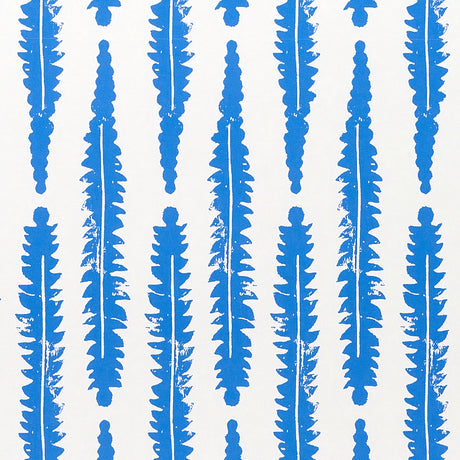 Blue fern leaf pattern wallpaper by Molly Mahon for Schumacher, inspired by English countryside foliage, hand block print style.