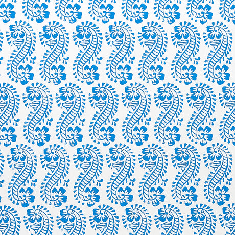 LANI by Molly Mahon for Schumacher. Blue paisley and botanical block print wallpaper on white background.