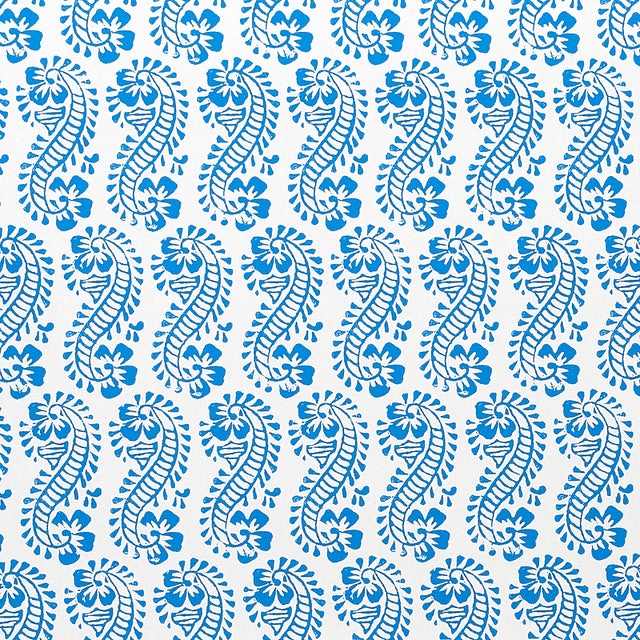 LANI by Molly Mahon for Schumacher. Blue paisley and botanical block print wallpaper on white background.