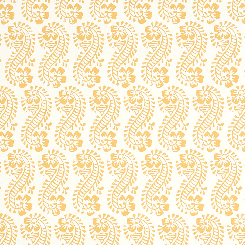 LANI wallpaper in gold by Schumacher, featuring a paisley and botanical motif inspired by traditional Indian block prints.