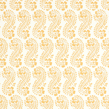 LANI wallpaper in gold by Schumacher, featuring a paisley and botanical motif inspired by traditional Indian block prints.