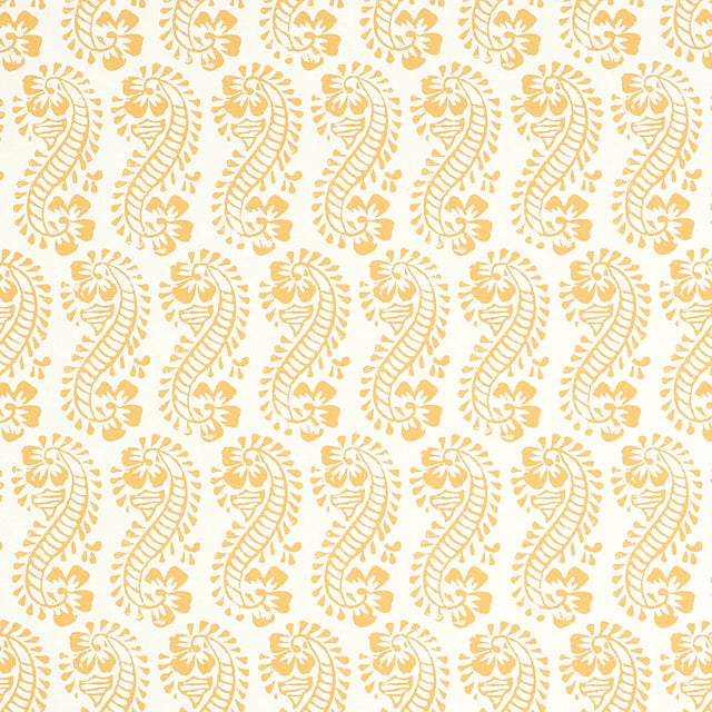 LANI wallpaper in gold by Schumacher, featuring a paisley and botanical motif inspired by traditional Indian block prints.