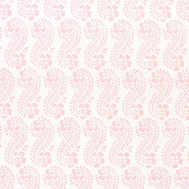 LANI by Molly Mahon for Schumacher. Pink paisley and botanical block print wallpaper in a lighthearted, tropical-inspired design.
