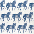 Marwari Horse wallpaper in navy by Molly Mahon for Schumacher, featuring whimsical block-printed horses inspired by Rajasthani design.
