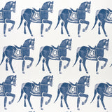 Marwari Horse wallpaper in navy by Molly Mahon for Schumacher, featuring whimsical block-printed horses inspired by Rajasthani design.