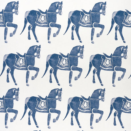 Marwari Horse wallpaper in navy by Molly Mahon for Schumacher, featuring whimsical block-printed horses inspired by Rajasthani design.