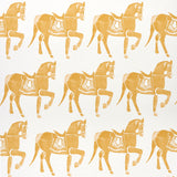 Marwari Horse wallpaper in mustard by Molly Mahon for Schumacher, featuring whimsical Rajasthani-inspired horse motifs in a traditional block print style.