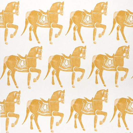 Marwari Horse wallpaper in mustard by Molly Mahon for Schumacher, featuring whimsical Rajasthani-inspired horse motifs in a traditional block print style.