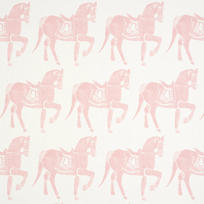 Marwari Horse wallpaper in pink by Molly Mahon for Schumacher, featuring whimsical horses inspired by traditional Indian block prints.