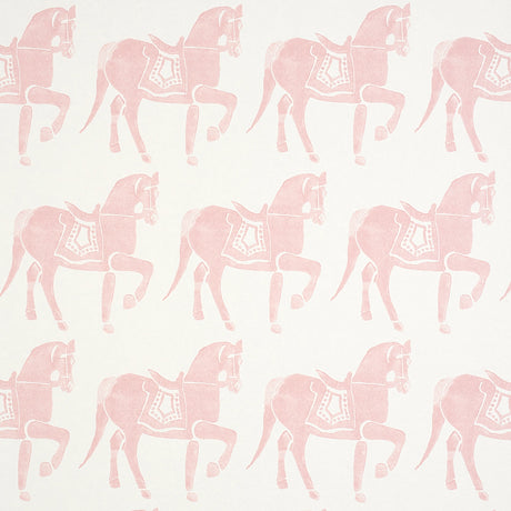 Marwari Horse wallpaper in pink by Molly Mahon for Schumacher, featuring whimsical horses inspired by traditional Indian block prints.