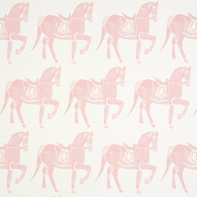 Marwari Horse wallpaper in pink by Molly Mahon for Schumacher, featuring whimsical horses inspired by traditional Indian block prints.