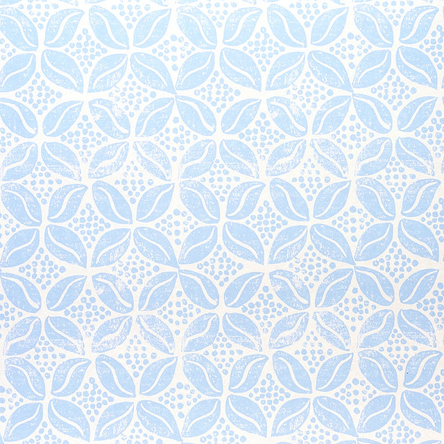 COFFEE BEAN wallpaper in Sky by Molly Mahon for Schumacher, a playful blue and white hand block print pattern inspired by the Arab coffee bean motif.