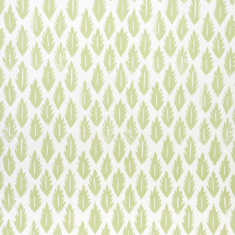 Leaf pattern wallpaper in grass green by Molly Mahon for Schumacher, shown in a styled interior and close-up views.