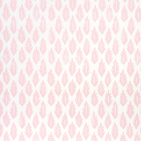 Pink leaf pattern wallpaper by Molly Mahon for Schumacher, hand block print style, shown in a bedroom setting.