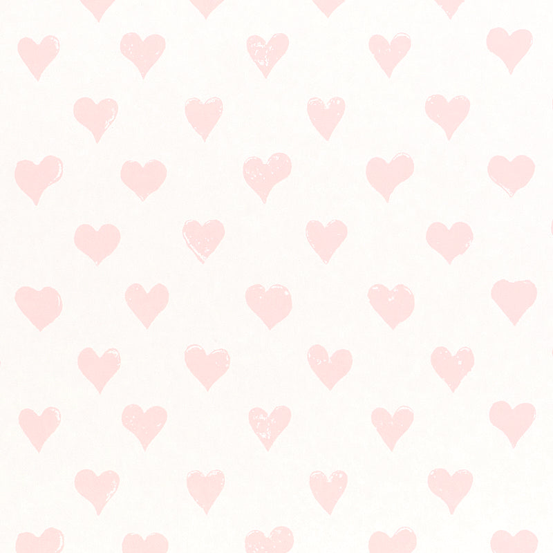 Hearts Pink by Molly Mahon for Schumacher, a charming wallpaper featuring a hand-printed heart motif in soft pink on white.