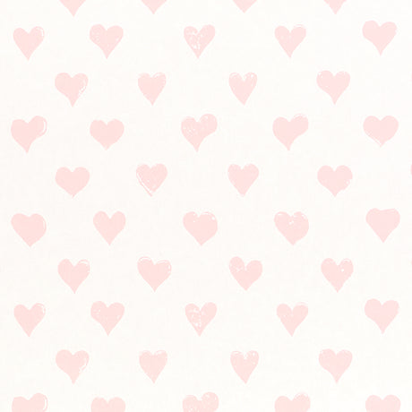Hearts Pink by Molly Mahon for Schumacher, a charming wallpaper featuring a hand-printed heart motif in soft pink on white.