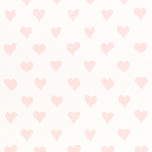 Hearts Pink by Molly Mahon for Schumacher, a charming wallpaper featuring a hand-printed heart motif in soft pink on white.