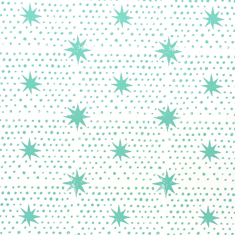 Spot & Star wallpaper in Seaglass by Molly Mahon for Schumacher, featuring a playful dot and star pattern in teal on white.