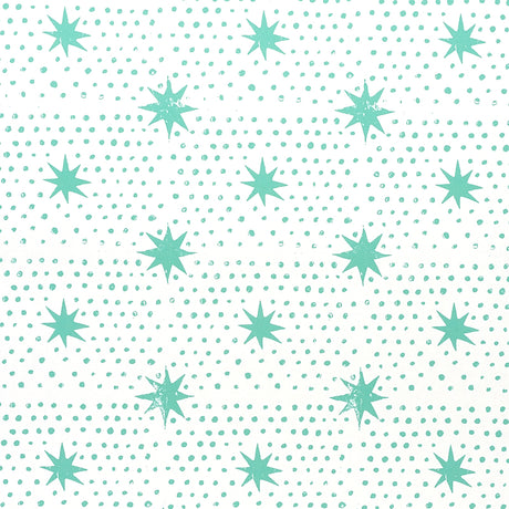Spot & Star wallpaper in Seaglass by Molly Mahon for Schumacher, featuring a playful dot and star pattern in teal on white.