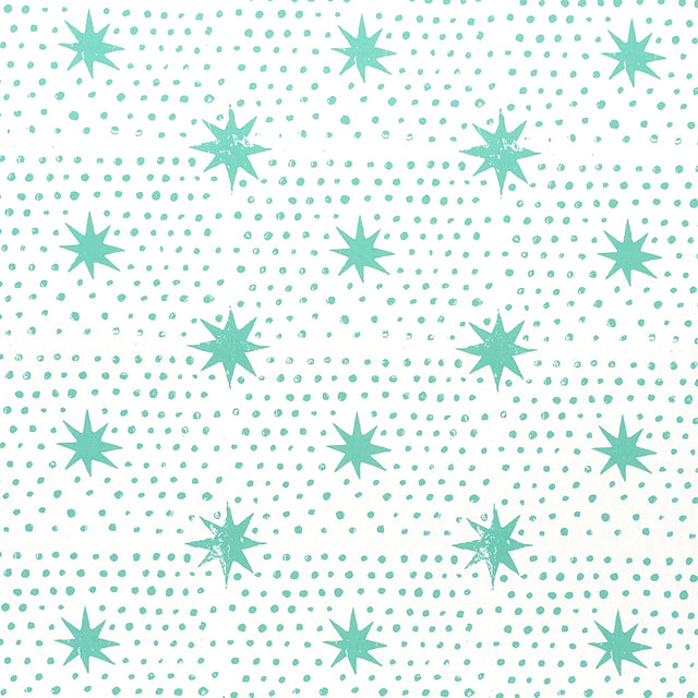 Spot & Star wallpaper in Seaglass by Molly Mahon for Schumacher, featuring a playful dot and star pattern in teal on white.