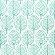 Tree Seaglass by Molly Mahon for Schumacher. Stylized tree motif wallpaper in green-blue on white, shown in room and detail views.