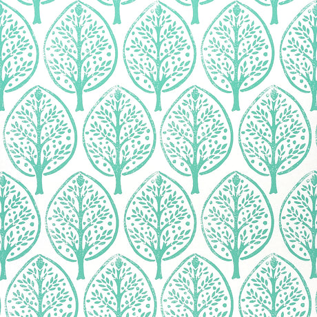 Tree Seaglass by Molly Mahon for Schumacher. Stylized tree motif wallpaper in green-blue on white, shown in room and detail views.