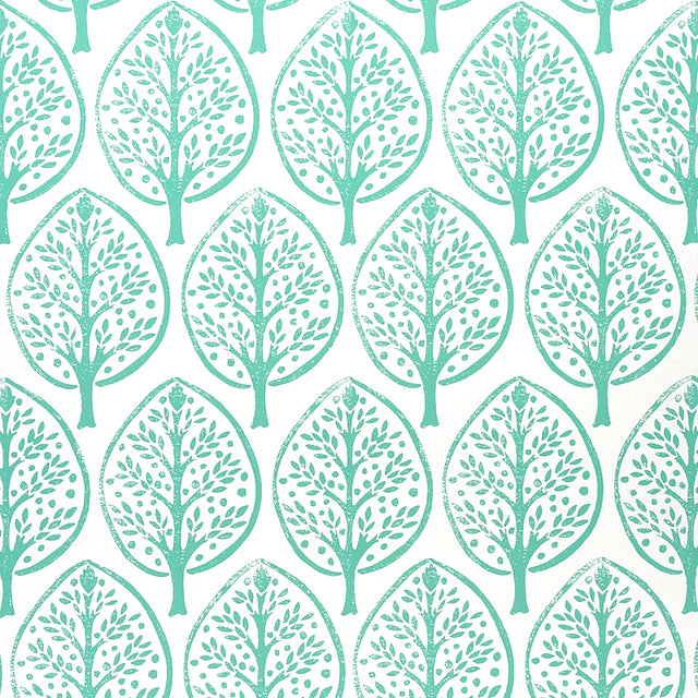 Tree Seaglass by Molly Mahon for Schumacher. Stylized tree motif wallpaper in green-blue on white, shown in room and detail views.