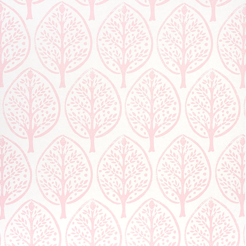 TREE wallpaper in pink by Molly Mahon for Schumacher, featuring a stylized tree motif in a hand block print style.