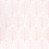 TREE wallpaper in pink by Molly Mahon for Schumacher, featuring a stylized tree motif in a hand block print style.