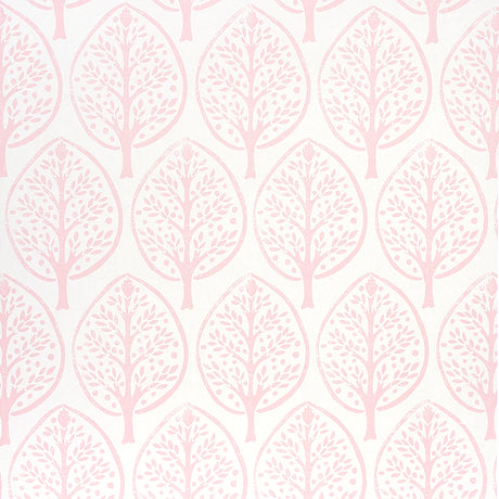 TREE wallpaper in pink by Molly Mahon for Schumacher, featuring a stylized tree motif in a hand block print style.