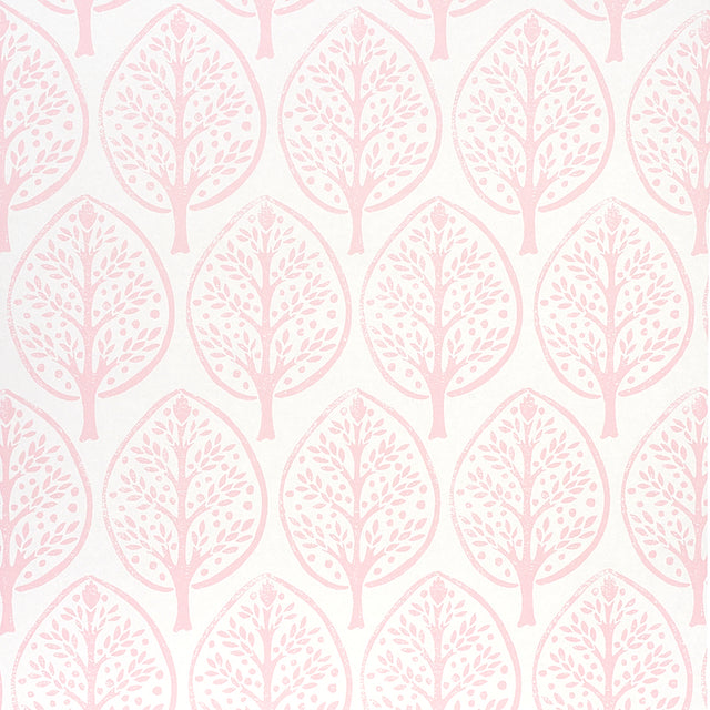 TREE wallpaper in pink by Molly Mahon for Schumacher, featuring a stylized tree motif in a hand block print style.