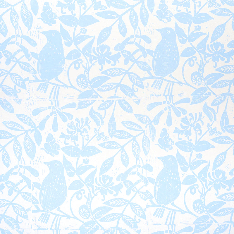 Bird & Bee Sky by Molly Mahon for Schumacher - blue and white botanical wallpaper with birds and bees in a hand block print style