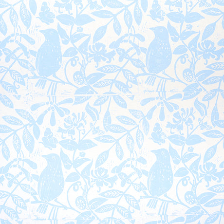 Bird & Bee Sky by Molly Mahon for Schumacher - blue and white botanical wallpaper with birds and bees in a hand block print style