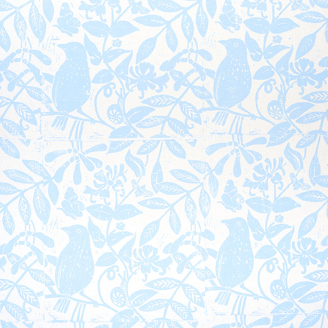 Bird & Bee Sky by Molly Mahon for Schumacher - blue and white botanical wallpaper with birds and bees in a hand block print style