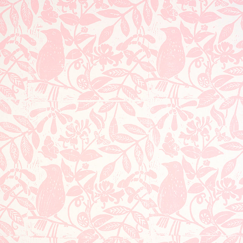 Bird & Bee wallpaper in pink by Molly Mahon for Schumacher, featuring a hand block print of birds, bees, and botanical motifs.