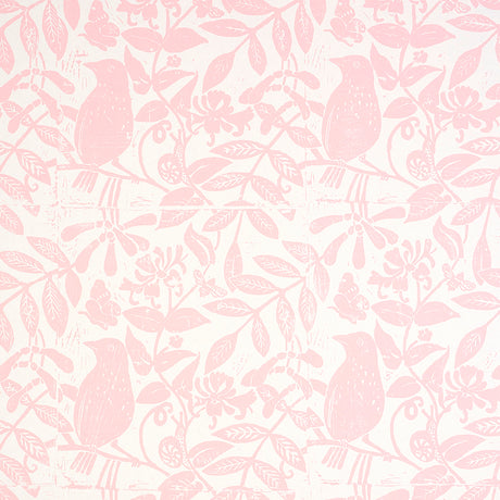 Bird & Bee wallpaper in pink by Molly Mahon for Schumacher, featuring a hand block print of birds, bees, and botanical motifs.