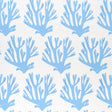 Blue coral branch pattern wallpaper by Molly Mahon for Schumacher, shown in a styled interior and close-up views.