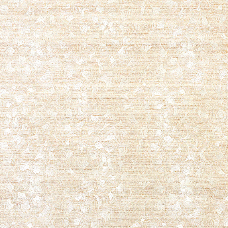 Lotus Embroidery Sisal wallpaper in ivory, featuring stylized embroidered floral patterns on a sisal background.