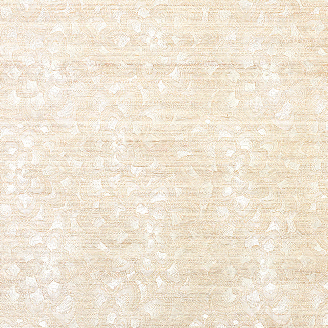 Lotus Embroidery Sisal wallpaper in ivory, featuring stylized embroidered floral patterns on a sisal background.