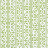 Sunda Hand Blocked Print wallpaper in Leaf by Schumacher, a green and white geometric floral block print pattern shown in a kitchen interior.
