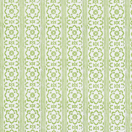 Sunda Hand Blocked Print wallpaper in Leaf by Schumacher, a green and white geometric floral block print pattern shown in a kitchen interior.