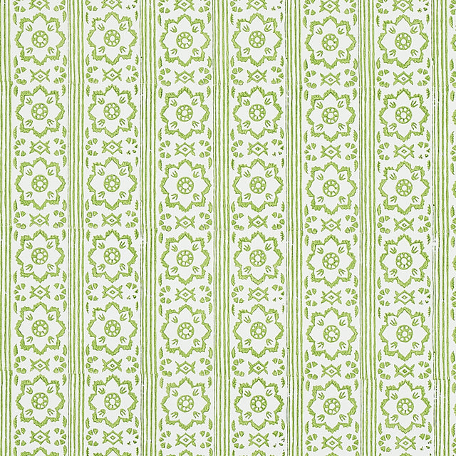 Sunda Hand Blocked Print wallpaper in Leaf by Schumacher, a green and white geometric floral block print pattern shown in a kitchen interior.