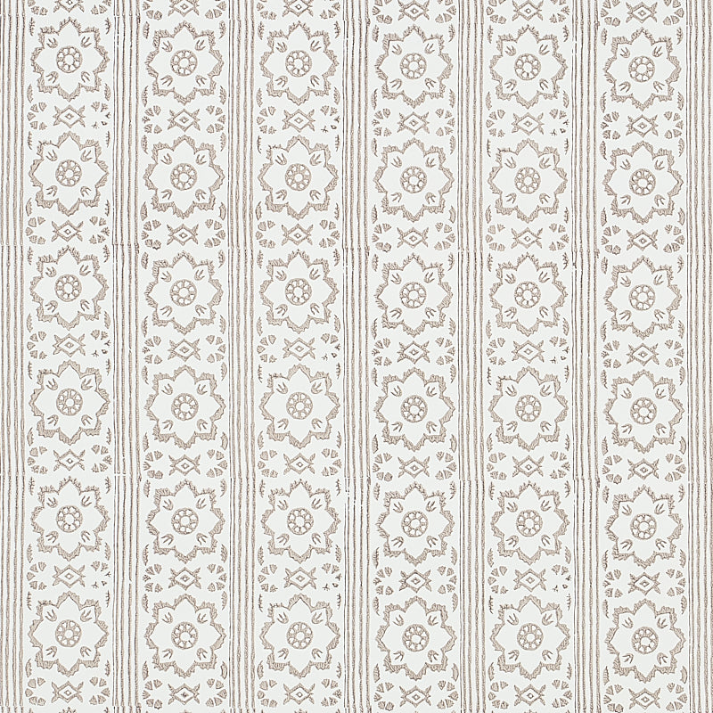 Sunda Hand Blocked Print wallpaper in grey, featuring a soft geometric pattern of stripes and medallions, handprinted for depth and dimension.