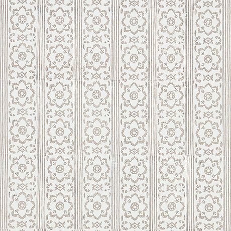 Sunda Hand Blocked Print wallpaper in grey, featuring a soft geometric pattern of stripes and medallions, handprinted for depth and dimension.